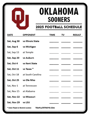 Oklahoma Sooners Football 2025
 Printable Schedule - Style 4