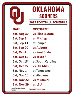 Oklahoma Sooners Football 2025
 Printable Schedule