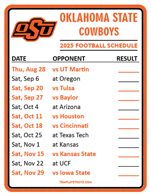 Oklahoma State Cowboys Football 2025
 Printable Schedule  - Style 2