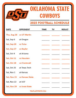 Oklahoma State Cowboys Football 2025
 Printable Schedule - Style 3