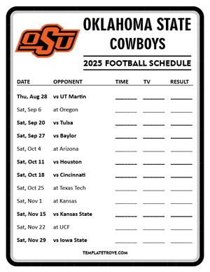Oklahoma State Cowboys Football 2025
 Printable Schedule - Style 4