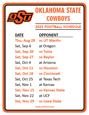 Oklahoma State Cowboys Football 2025
 Printable Schedule
