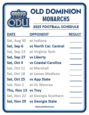 Old Dominion Monarchs Football 2025
 Printable Schedule  - Style 2
