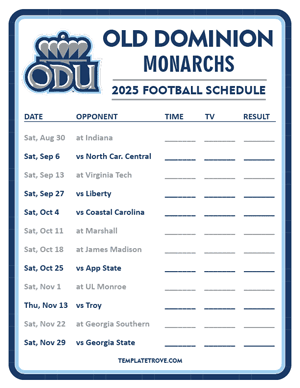 Old Dominion Monarchs Football 2025
 Printable Schedule - Style 3