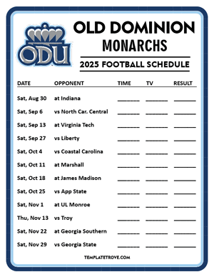 Old Dominion Monarchs Football 2025
 Printable Schedule - Style 4