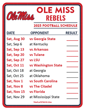 Ole Miss Rebels Football 2025
 Printable Schedule  - Style 2