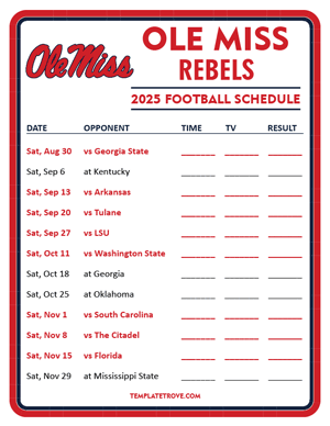 Ole Miss Rebels Football 2025
 Printable Schedule - Style 3