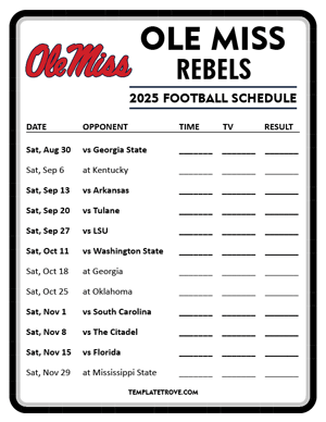 Ole Miss Rebels Football 2025
 Printable Schedule - Style 4