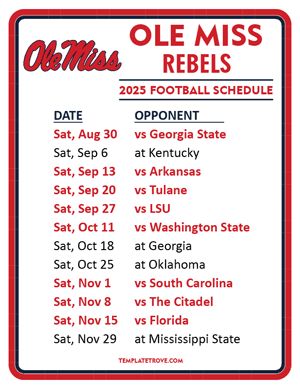 Ole Miss Rebels Football 2025
 Printable Schedule