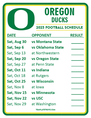 Oregon Ducks Football 2025
 Printable Schedule  - Style 2