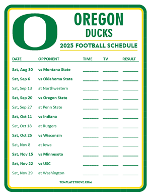 Oregon Ducks Football 2025
 Printable Schedule - Style 3