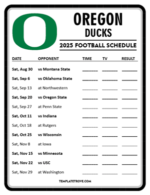 Oregon Ducks Football 2025
 Printable Schedule - Style 4
