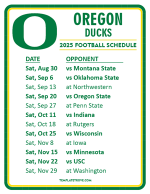 Oregon Ducks Football 2025
 Printable Schedule