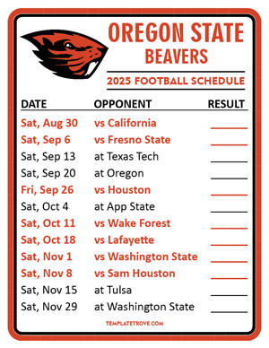 Oregon State Beavers Football 2025
 Printable Schedule  - Style 2