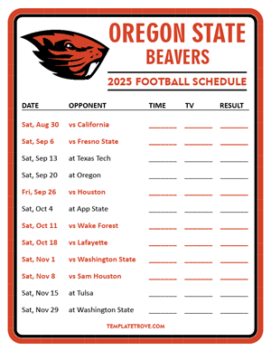 Oregon State Beavers Football 2025
 Printable Schedule - Style 3
