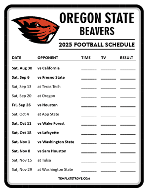 Oregon State Beavers Football 2025
 Printable Schedule - Style 4