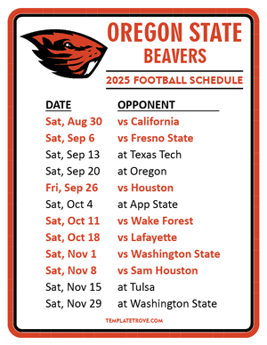 Oregon State Beavers Football 2025
 Printable Schedule