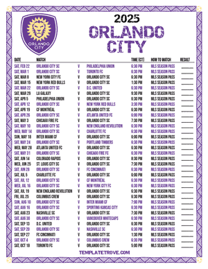 Orlando City 2025
 Printable Soccer Schedule - Central Times