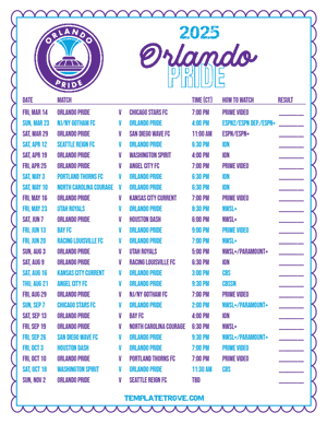 Orlando Pride 2025
 Printable Soccer Schedule - Central Times