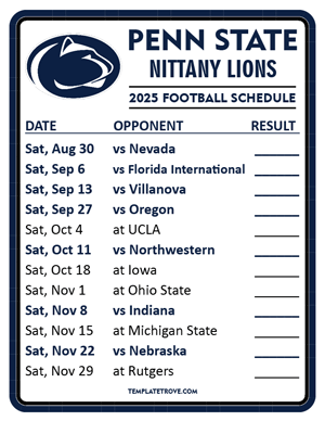 Penn State Nittany Lions Football 2025
 Printable Schedule  - Style 2