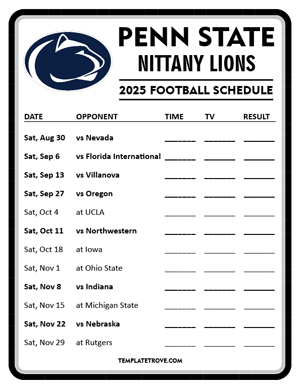 Penn State Nittany Lions Football 2025
 Printable Schedule - Style 4