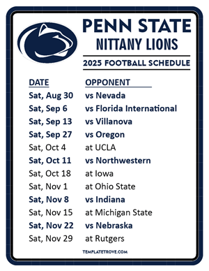 Penn State Nittany Lions Football 2025
 Printable Schedule