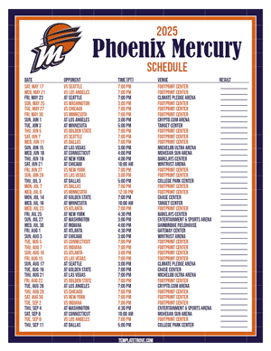 Phoenix Mercury 2025
 Printable Basketball Schedule - Pacific Times