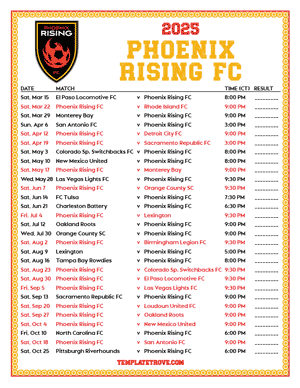   Phoenix Rising FC 2025
 Printable Soccer Schedule - Central Times