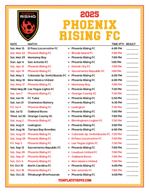   Phoenix Rising FC 2025
 Printable Soccer Schedule - Pacific Times