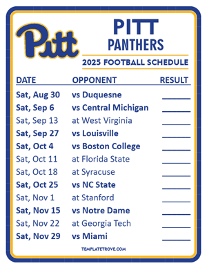 Pitt Panthers Football 2025
 Printable Schedule  - Style 2