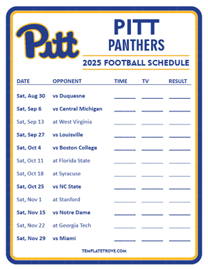 Pitt Panthers Football 2025
 Printable Schedule - Style 3
