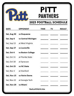 Pitt Panthers Football 2025
 Printable Schedule - Style 4
