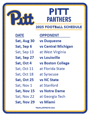 Pitt Panthers Football 2025
 Printable Schedule