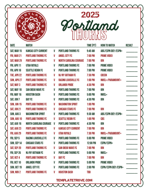 Portland Thorns FC 2025
 Printable Soccer Schedule - Pacific Times