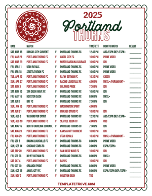 Portland Thorns FC 2025
 Printable Soccer Schedule