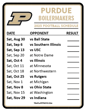 Purdue Boilermakers Football 2025
 Printable Schedule  - Style 2
