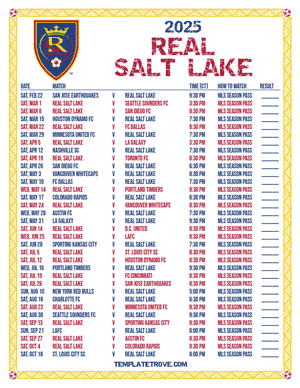 Real Salt Lake 2025
 Printable Soccer Schedule - Central Times