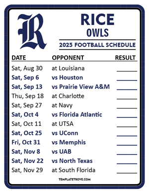 Rice Owls

 Football 2025
 Printable Schedule  - Style 2