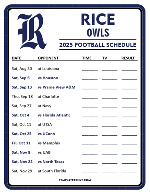 Rice Owls

 Football 2025
 Printable Schedule - Style 3