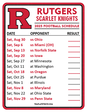 Rutgers Scarlet Knights Football 2025
 Printable Schedule  - Style 2