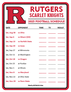 Rutgers Scarlet Knights Football 2025
 Printable Schedule - Style 3