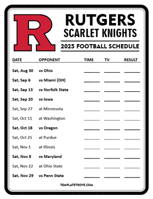 Rutgers Scarlet Knights Football 2025
 Printable Schedule - Style 4