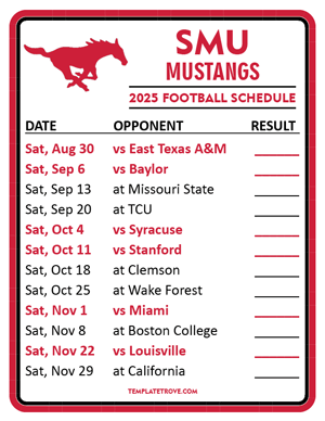 SMU Mustangs Football 2025
 Printable Schedule  - Style 2