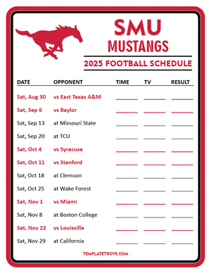 SMU Mustangs Football 2025
 Printable Schedule - Style 3