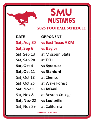 SMU Mustangs Football 2025
 Printable Schedule