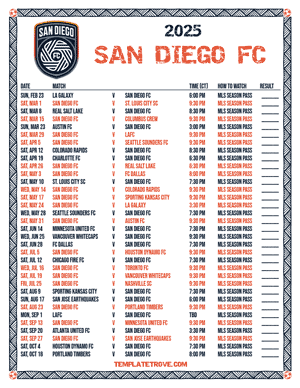 San Diego FC 2025
 Printable Soccer Schedule - Central Times