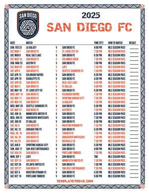 San Diego FC 2025
 Printable Soccer Schedule - Pacific Times