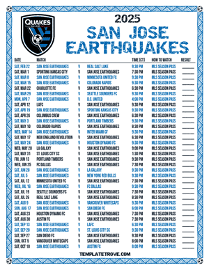 San Jose Earthquakes 2025
 Printable Soccer Schedule - Central Times