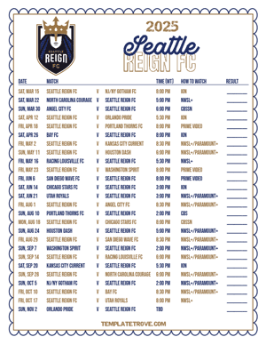 Seattle Reign FC 2025
 Printable Soccer Schedule - Mountain Times