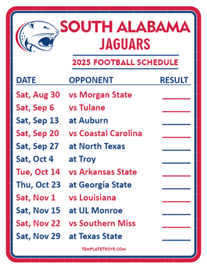 South Alabama Jaguars Football 2025
 Printable Schedule  - Style 2